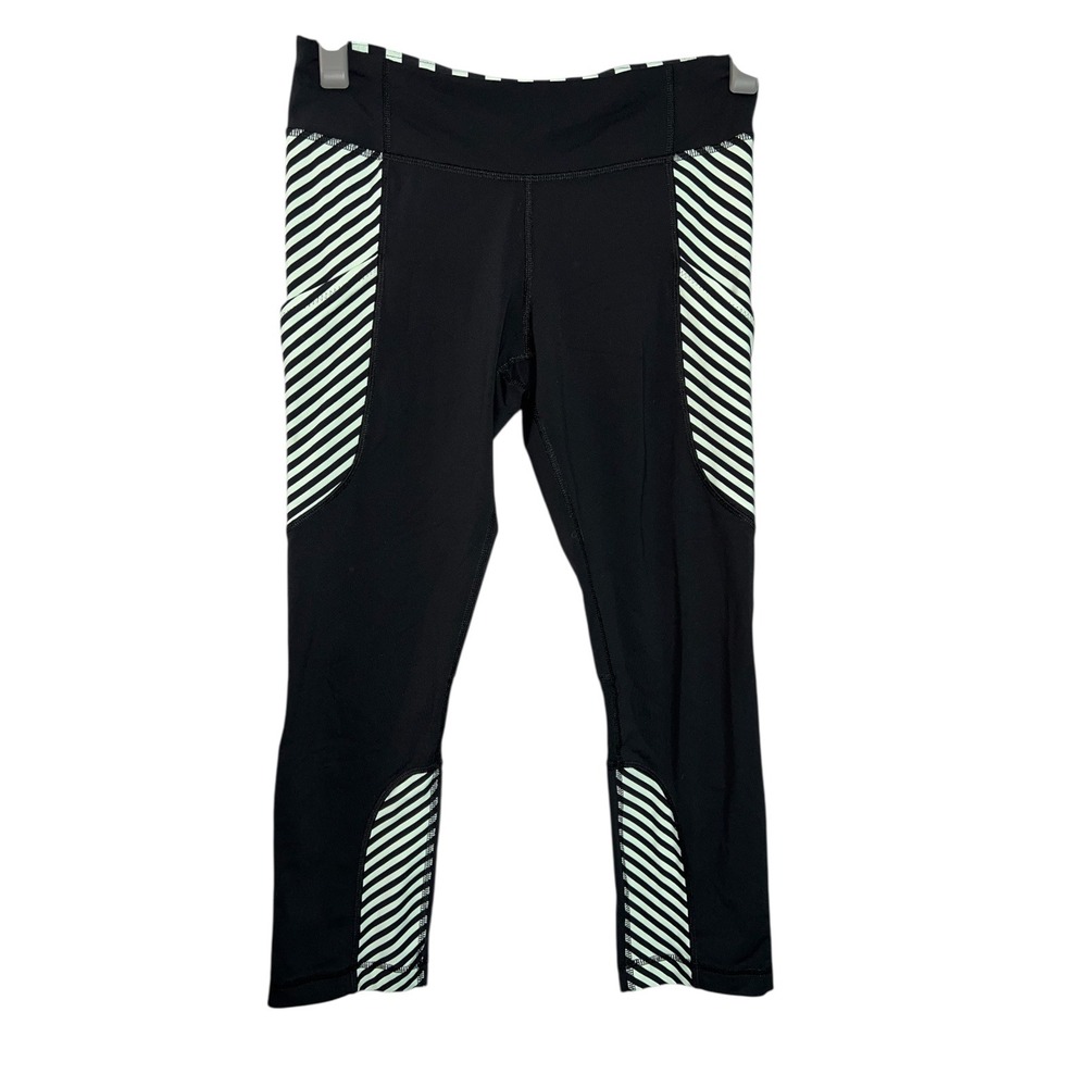 Lululemon Run Reflect Crop Leggings Black Mint‎ Green Reflective Panels Size 8 M